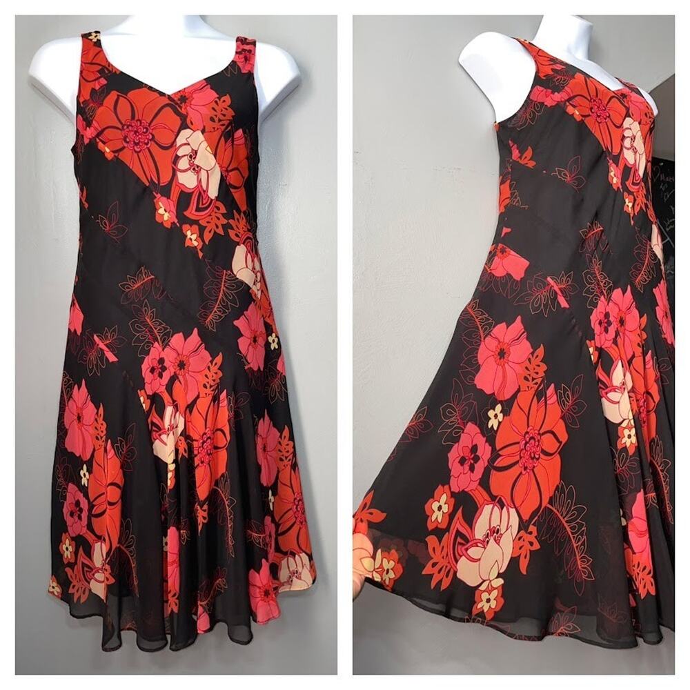 Y2K Studio 1940 Dark Floral Bias Cut Dress Size 14 Sleeveless Chiffon Y2K Flowy